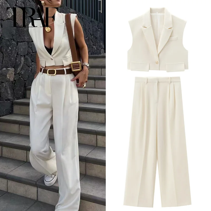 TRAF 2 Pieces Outfit 2024 Summer  Pants Sets For Women Trousers Sets Cropped Tank Vest Top Baggy Pants Elegant Women\'s Suit