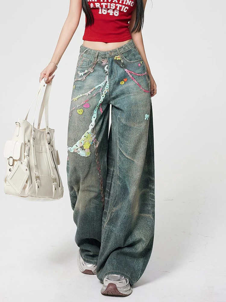 

Fashion Printed Jeans 2025 Retro Floral Denim Mopping Trousers Korean Style High Street Loose Hip Hop Wide-leg Jean Pants