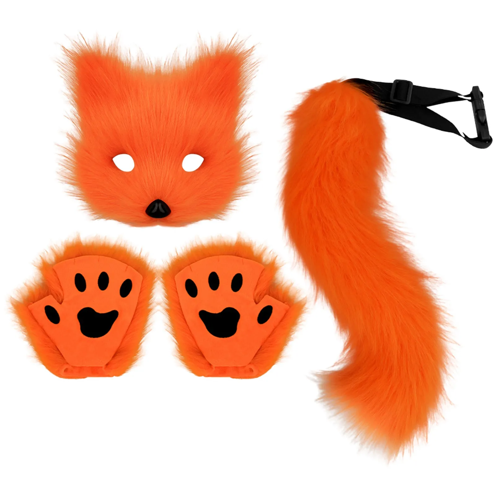 Pluizig Bont Vossenstaart Sleutelhanger Kattenpoten Handschoenen En Wolf Therian Masker Set Voor Halloween Cosplay Kostuum Accessoires Maskersets