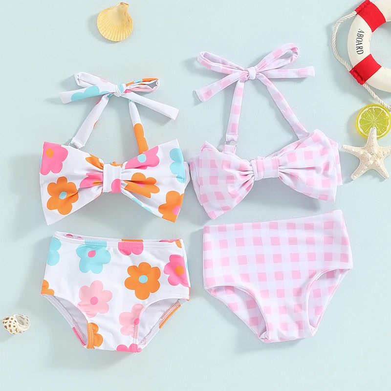 

Toddler Girl Bikini Set Baby Kid Summer Swimsuit Bathing Suit Flower Plaid Print Sleeveless Bow Bikini Tops with Short Swimwear