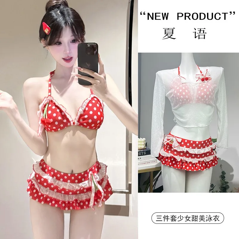 

Swimwear Woman 2026 Bikini Red White Triangle Top High Waist Skirt Bikinis Ruffle Trim Swimsuit Long Sleeve Two Piece Swimsuit