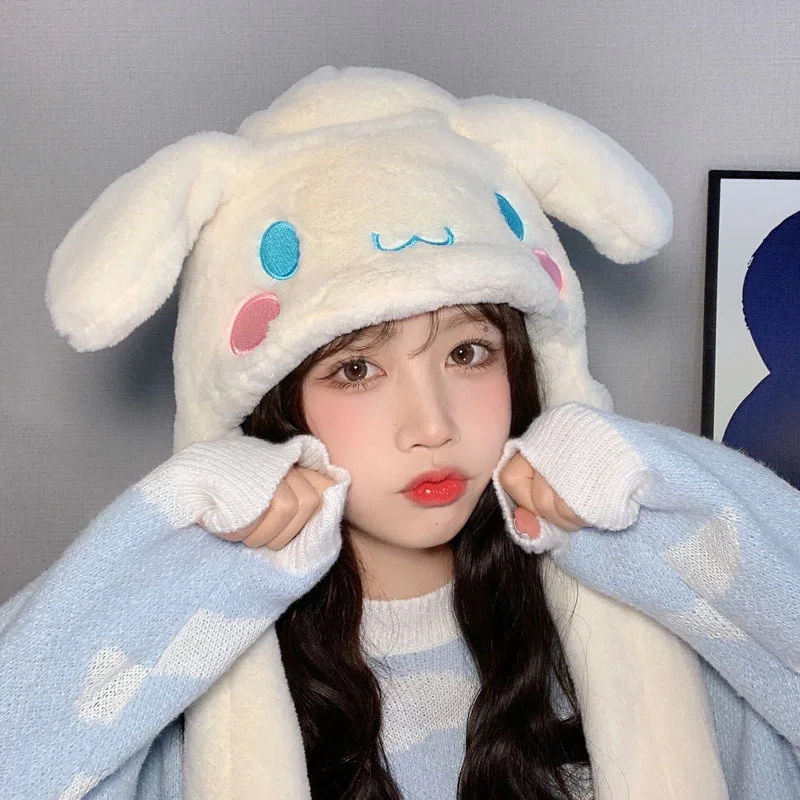 MINISO Kawaii Sanrio Cartoon Cinnamoroll Plush Winter Thickening Warm hat Sweet Cute Movable Ear Cap Girl Birthday Gift