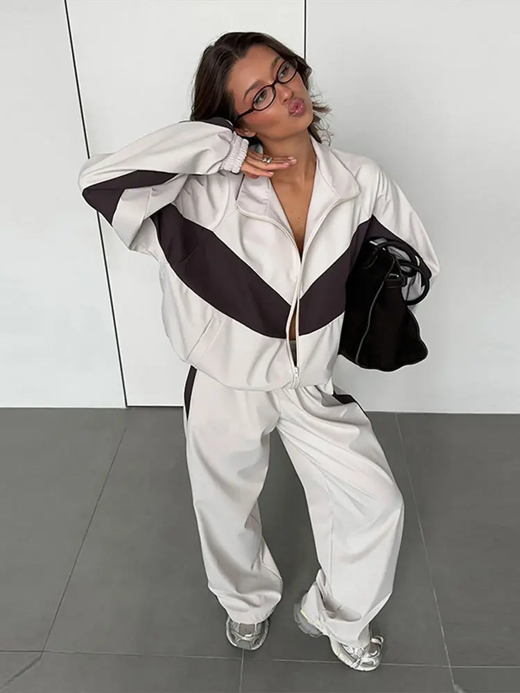 Getäfeltes, langärmliges, übergroßes Oberteil, Hosen-Sets für Damen, Streetwear, Laternenärmel, Reißverschluss, lockerer Mantel, Hose mit weitem Bein, modische Sportbekleidung – Detail 34