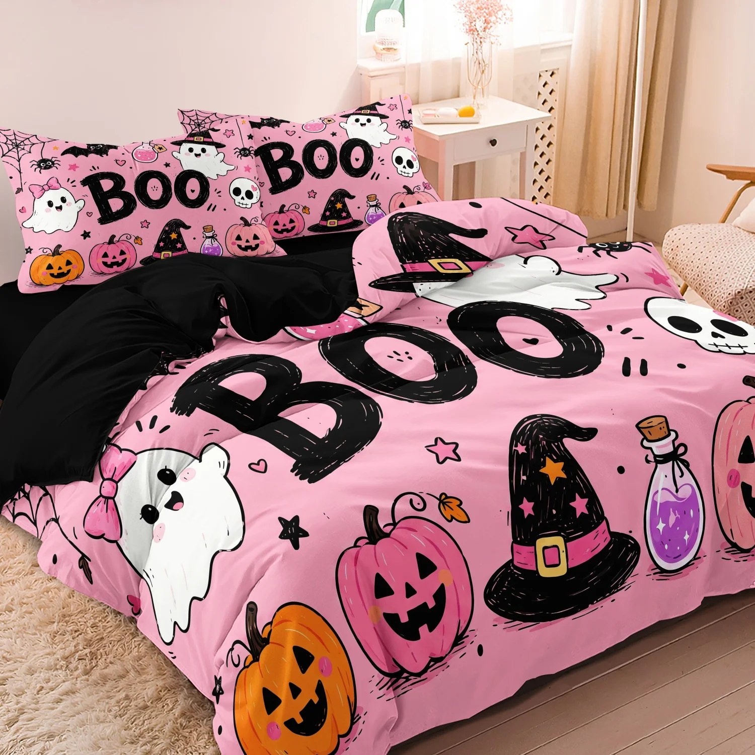  3Pcs Pink Boo Halloween Print Duvet Cover Set, Cute Ghost Hat Pumpkin Bat Magic Potion Cartoon Pattern Bedding