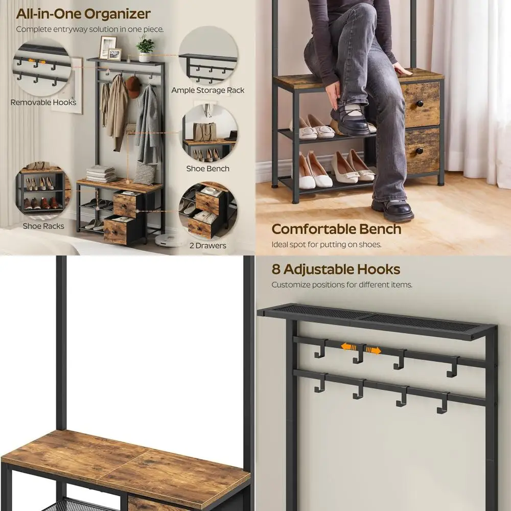 5-in-1 Entryway Bench with Drawers, Adjustable Coat Rack, and Shoe Storage in Rustic Brown and Black