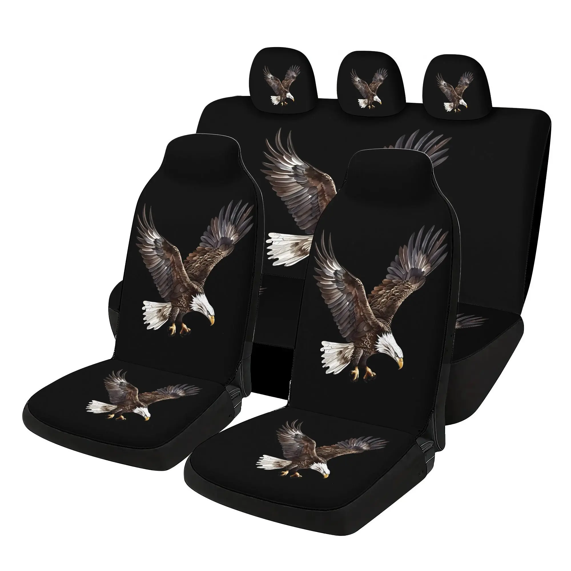7pcs Diving Bald Eagle Printed Universal Car Seat Covers, Including 2 Front Seat Covers + 1 Rear Backrest Cover + 1 Rear Seat Cu