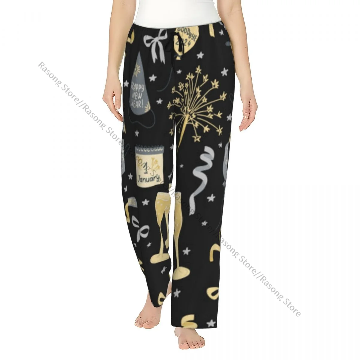 

Warm Women Pajama Pants Champagne Glasses Balloons Sparkles Sleep Bottoms Soft Loungewear