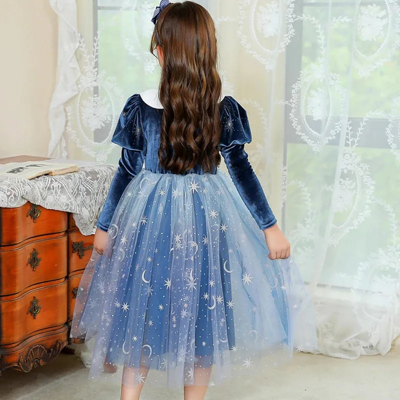 Gaun Putri Lengan Panjang Elsa Kostum Ratu Salju Anak-anak Gaun Jaring Payet Anak Perempuan Pakaian Pesta Halloween Ulang Tahun Anak-anak