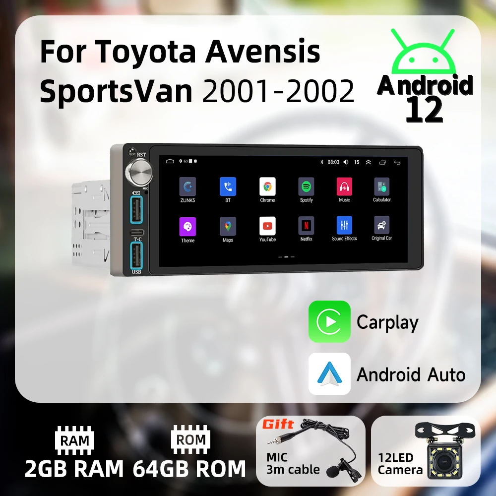 Carplay 1Din Radio Android Car Multimedia for Toyota Avensis SportsVan 2001-2002 6.86