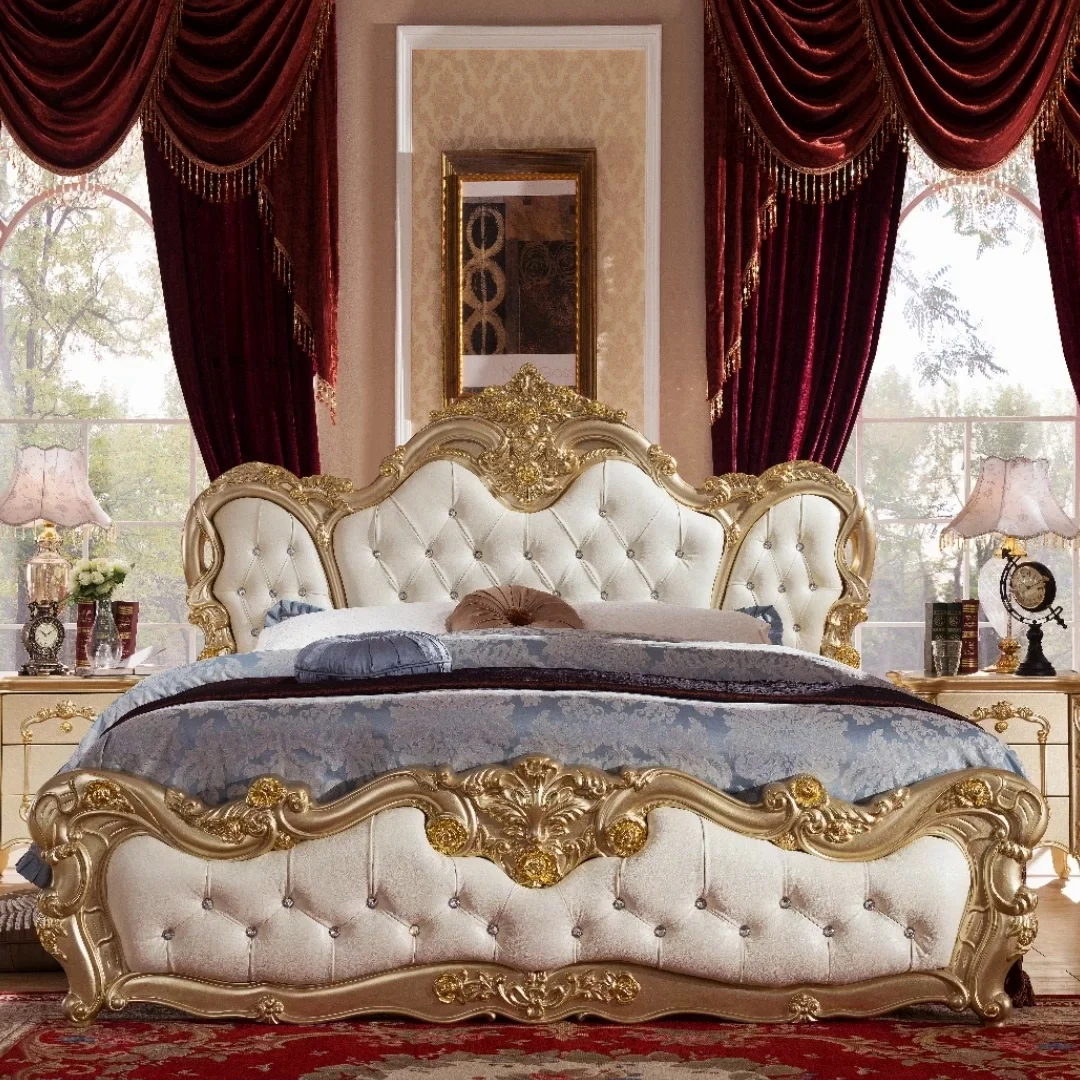 

European Light Luxury Genuine Leather Solid Wood Double Bed Champagne Gold 2.2m Princess Bed