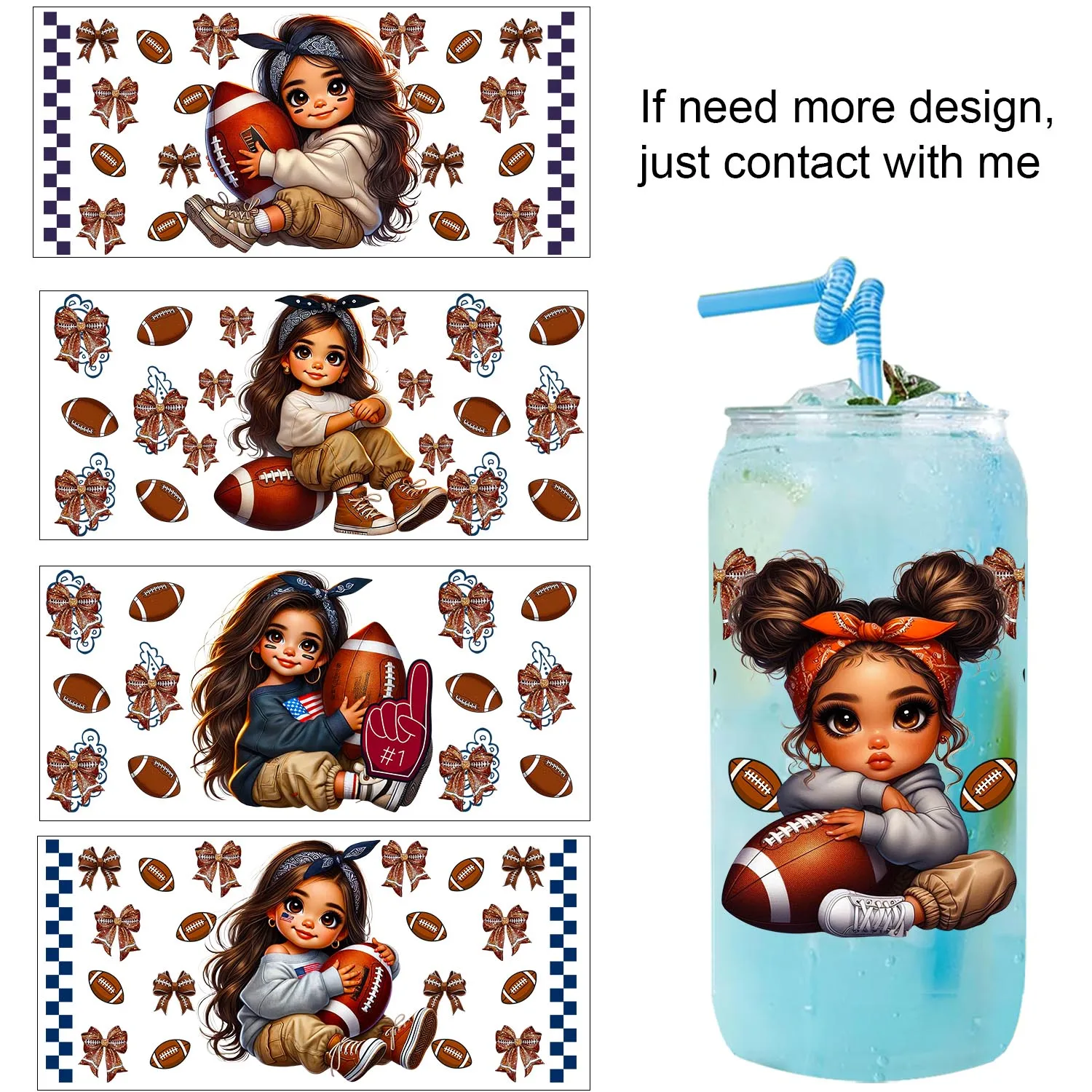 

Cute Rugby football girl easy peel waterproof Party DIY Decals 3D transfers uvdtf tumbler seal stickers 16oz uv dtf cup wraps