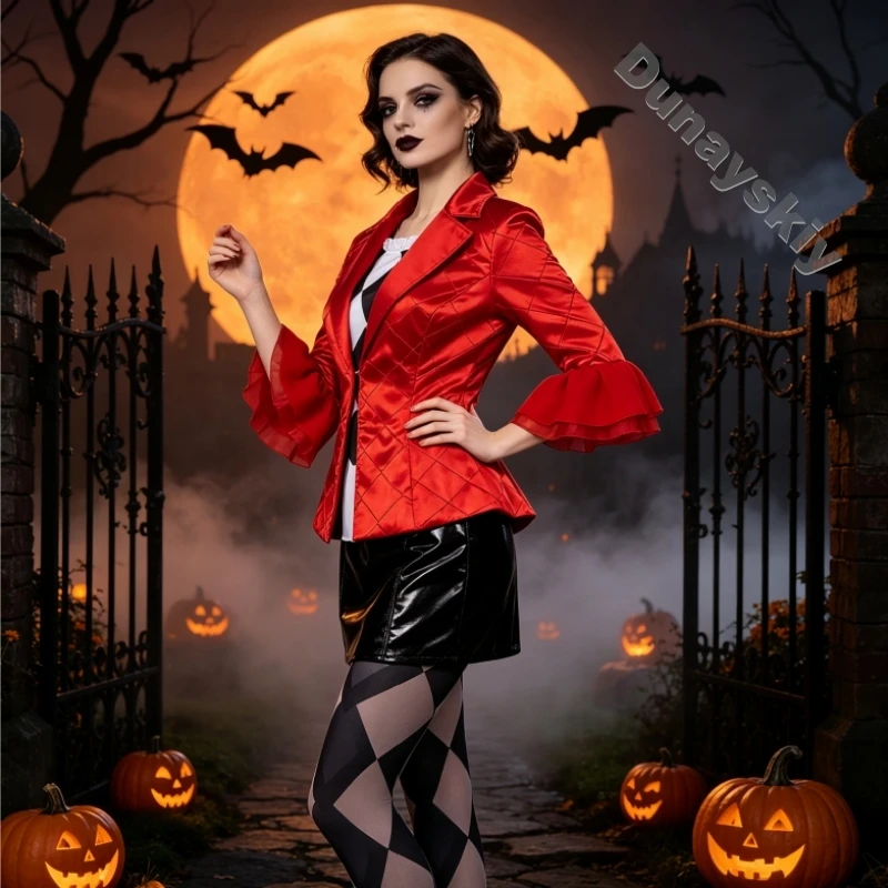 Jacket With Ruffle Sleeve Mini Skirt & Diamond Tights Women Red Black Diamond Clown Cosplay Costume Full Set Halloween Carnival