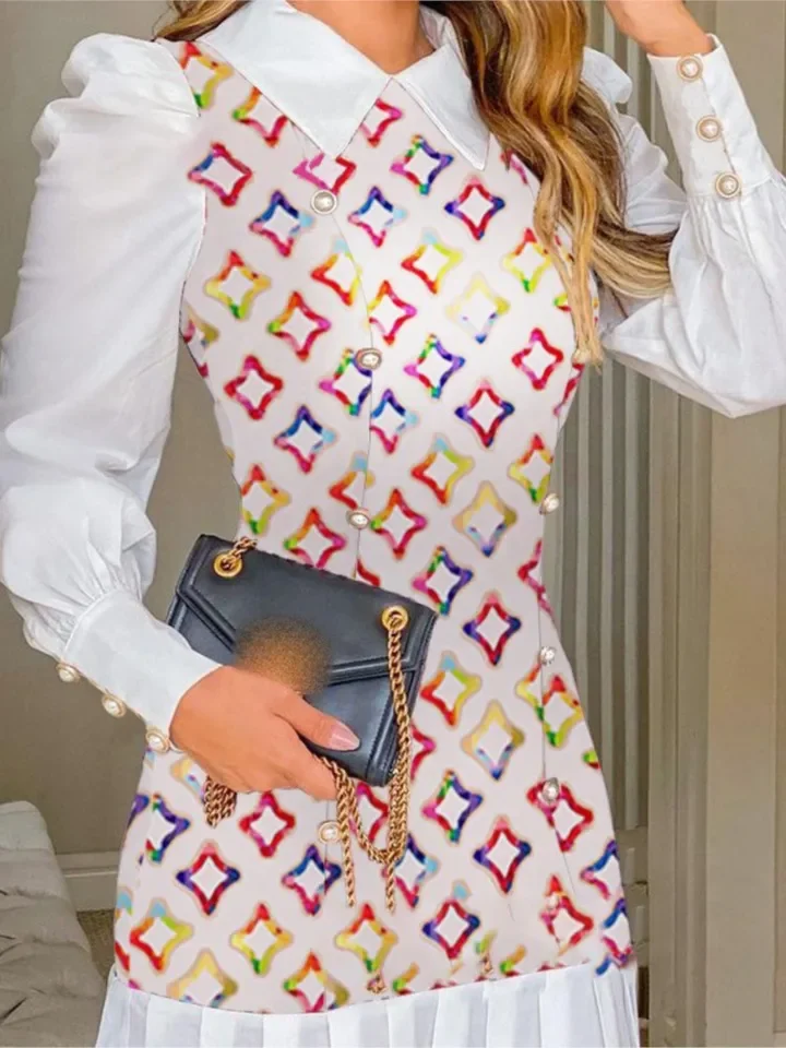 Fashion Splicing Women's High Waisted Mini Skirt 2023 Autumn New Women's Button Elegant Shirt Collar Thick Pleated Women's Dress