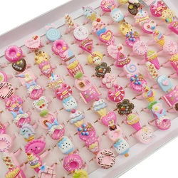 30/100pcs/Lot Wholesale New Cute Kids Finger Rings Party Pink Candy Ice Cream Donuts Cake Child Jewelry Open Adjust Gifts Girls