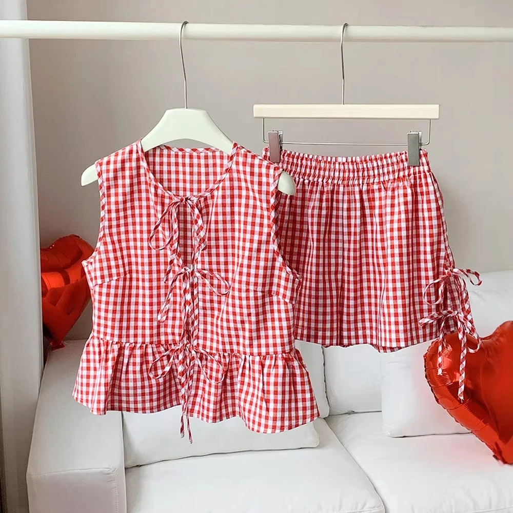 Verão feminino doce rendas até conjuntos de gravata borboleta k-estilo xadrez rendas sem mangas colher pescoço bonito saia de cintura alta conjuntos casuais para senhora