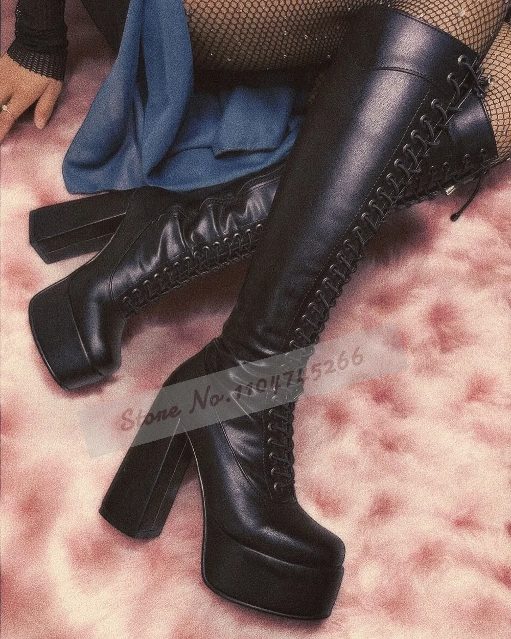 

Женские черные матовые сапоги до колена на квадратном каблуке со шнуровкой, высокие сапоги на высокой платформе и массивном каблуке, осенне-зимняя обувь с перекрестной завязкой
