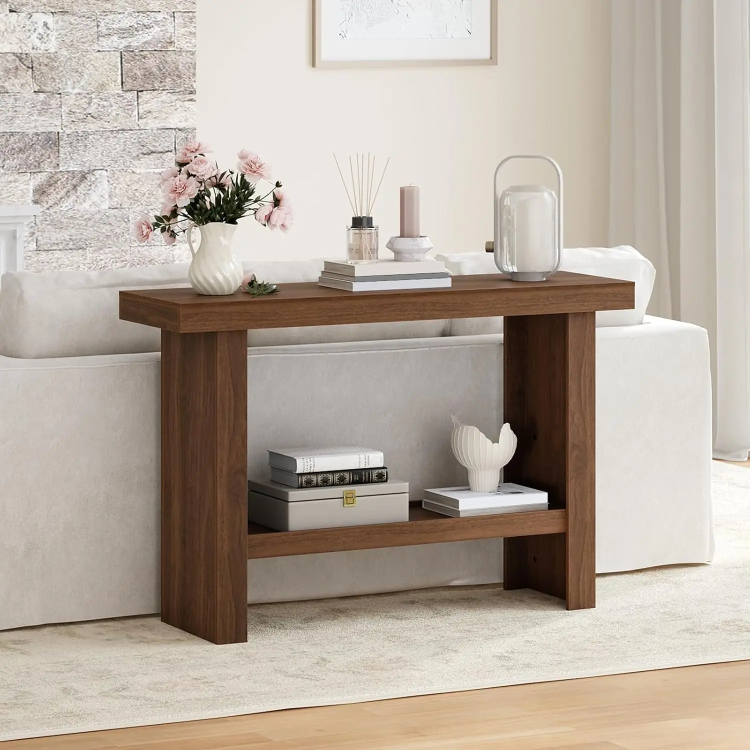 

Современный консольный столик из орехового дерева для прихожей, за диван, простая сборка, узкий дизайн 39,4 дюйма с 2-уровневым хранением