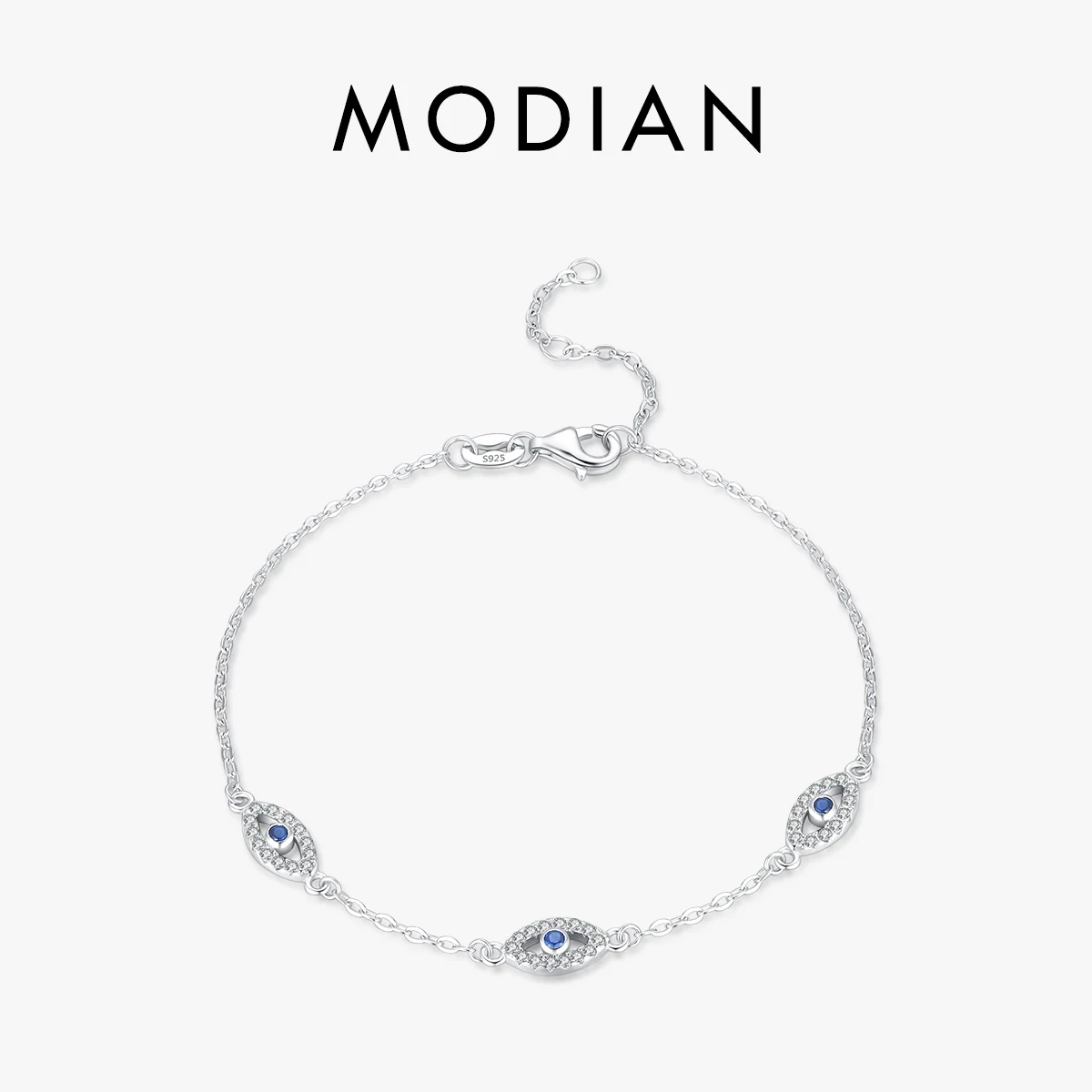 MODIAN 925 Sterling Silver Elegancka niebieska przezroczysta regulowana bransoletka CZ dla kobiet Korea Style Blue Eyes Chain Link Fine Jewelry