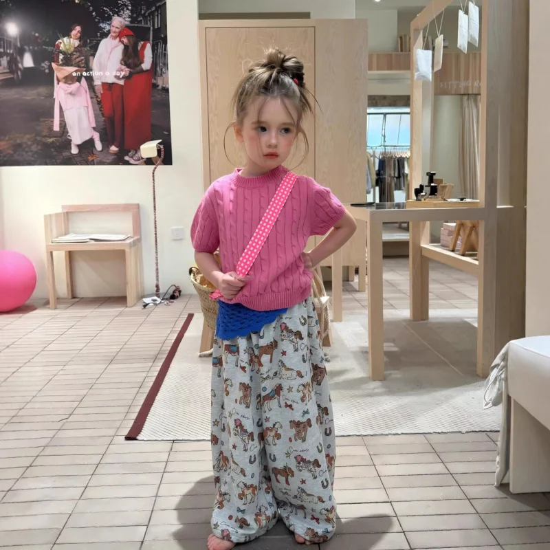 

Jusy Girls' Spring/Summer Outfit2026New Korean-style cable knit sweater for little girls+Pony wide-leg pants set