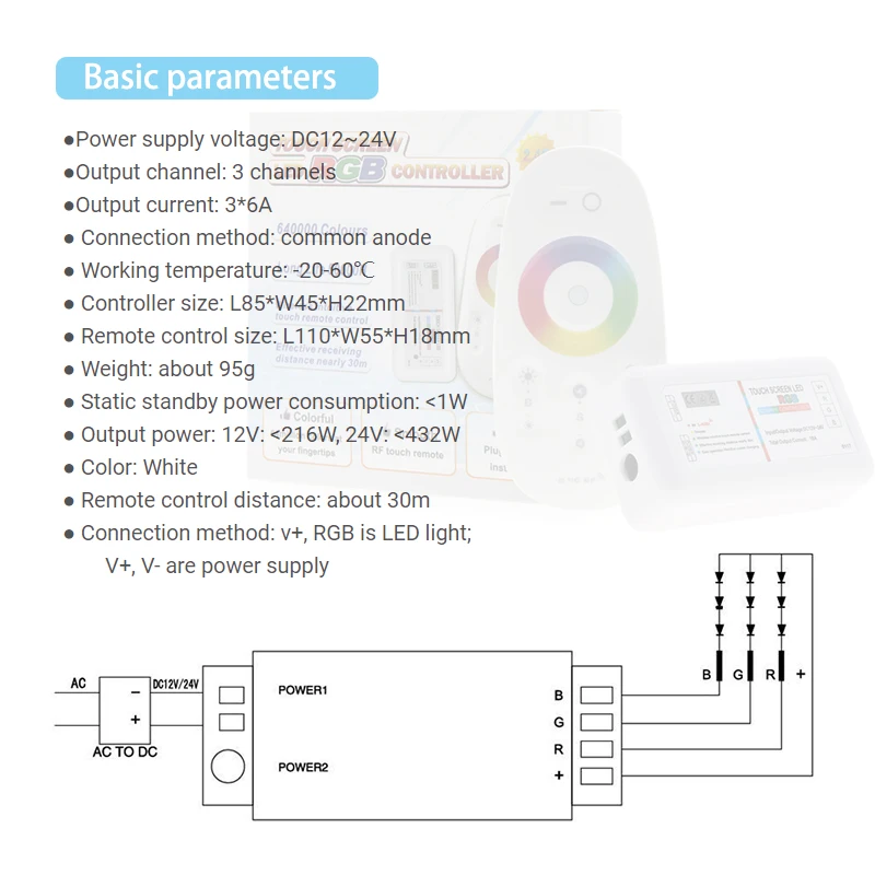 RGB LED Dimmer Controller 18A with 2.4G RF Wireless Touch Remote Control Switch for 5050 2835 Colorful Light Strip Module String