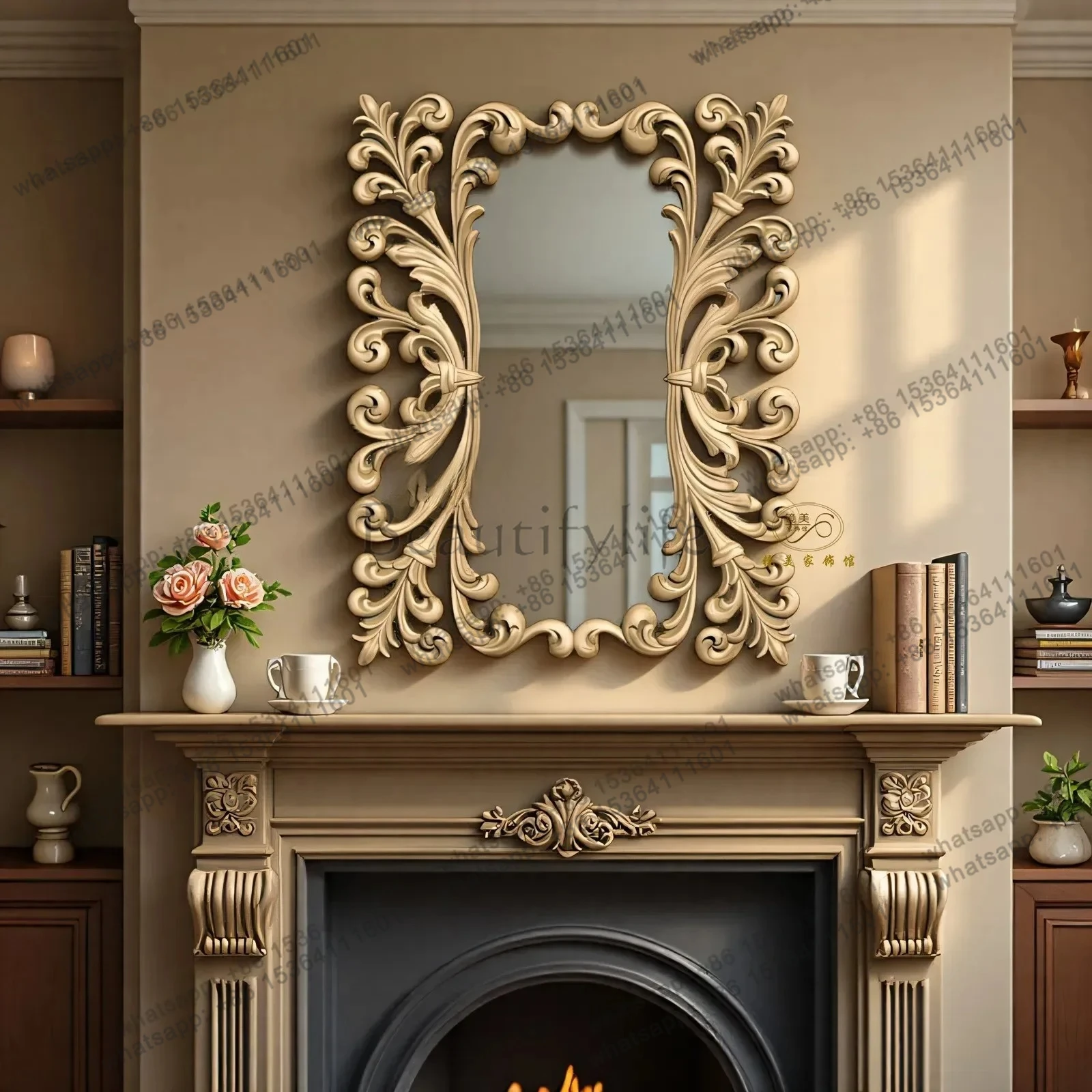

French retro square bathroom mirror American bedroom, European style, entrance background wall fireplace decorative mirror