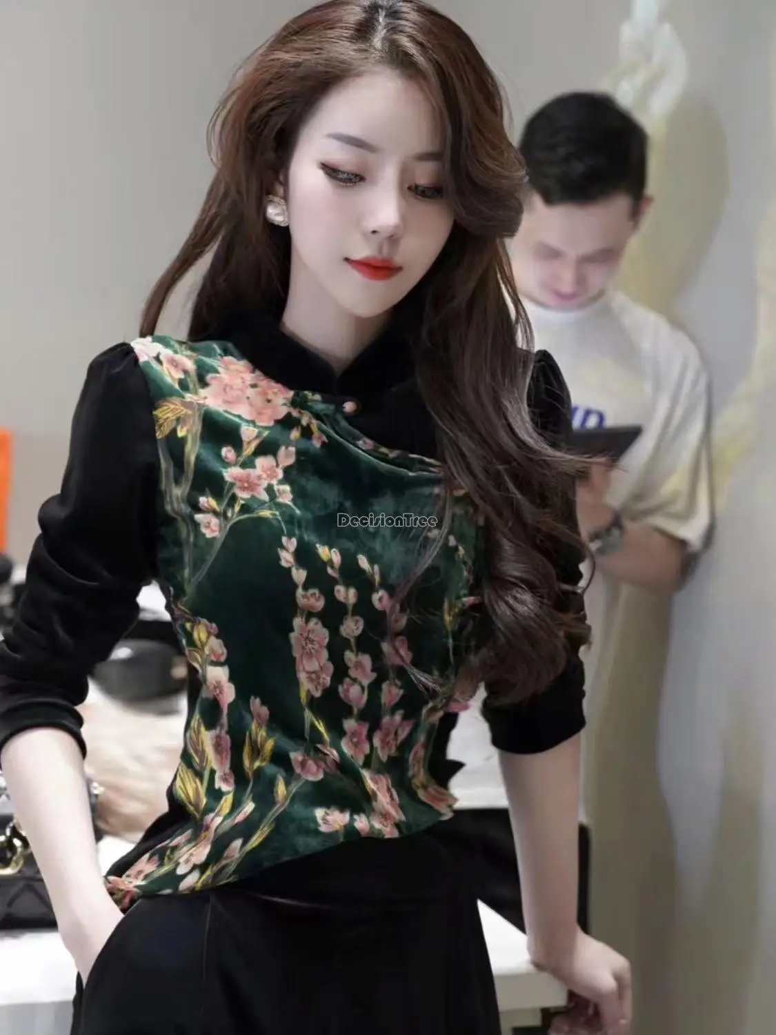 2024 spring new retro national style disc buckle long sleeve velvet shirt female elegant blouse improved chinese style qipao top