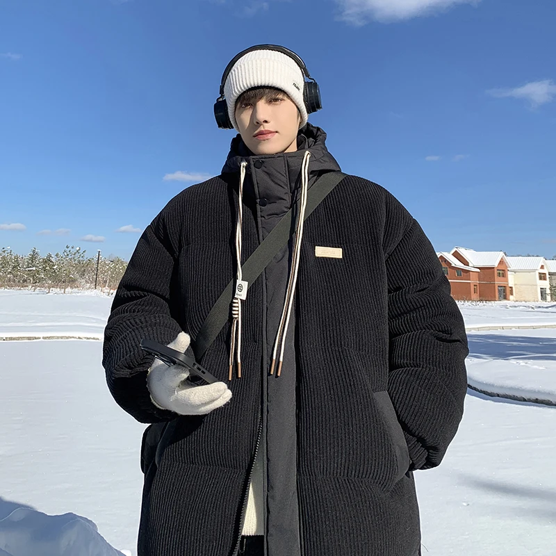 

Men's Winter Thiened Hooded Cotton Jaet American Retro Corduroy Youth Trendy Winter Clothes Outerwear Warm Zipper Closure