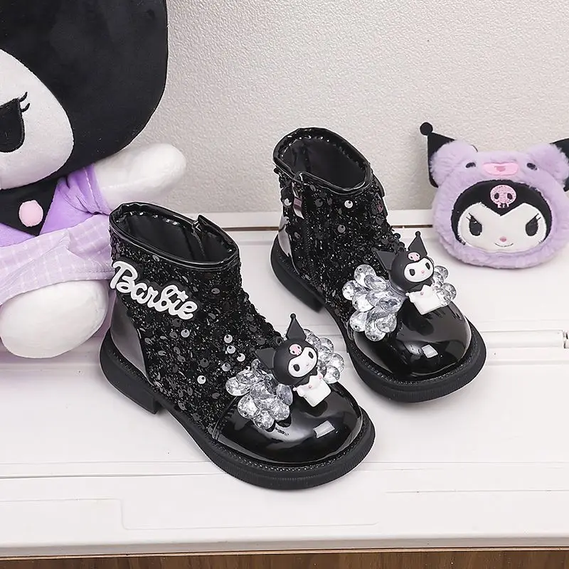 Kuromi meninas martin botas sanrio kawaii crianças botas de couro de fundo macio outono inverno anime dos desenhos animados infantil bonito festa botas curtas