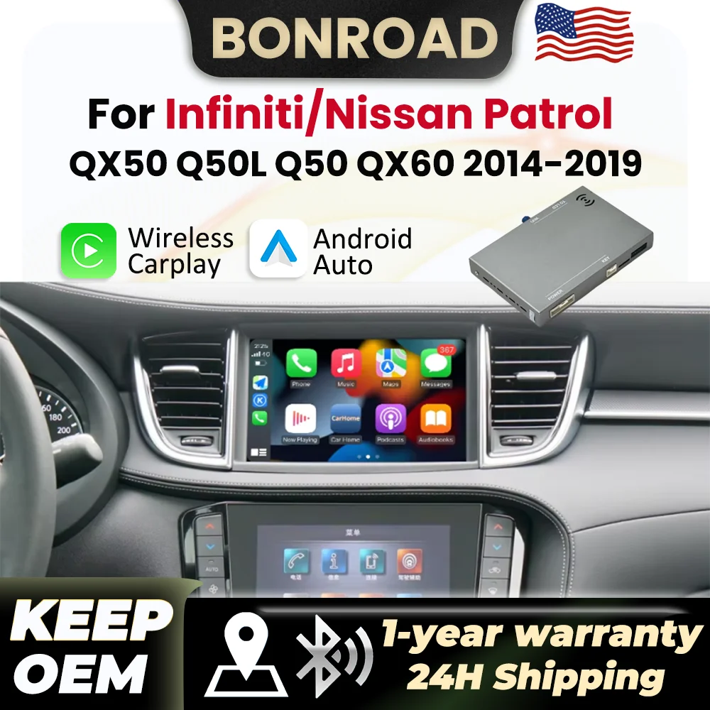 BONROAD Wireless CarPlay Android Auto Module For Infiniti QX50 Q50L Q50 Q60 QX60 Nissan Patrol 2015-2019 BT GPS Navigation Mirror Link Decoder
