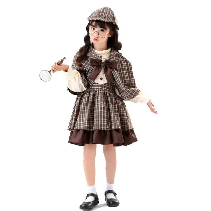 Xm-Robe de Cosplay Lolita pour Fille, Vêtements pour Enfants, Style Institut Britannique, Caseset de Détective, avec Châle