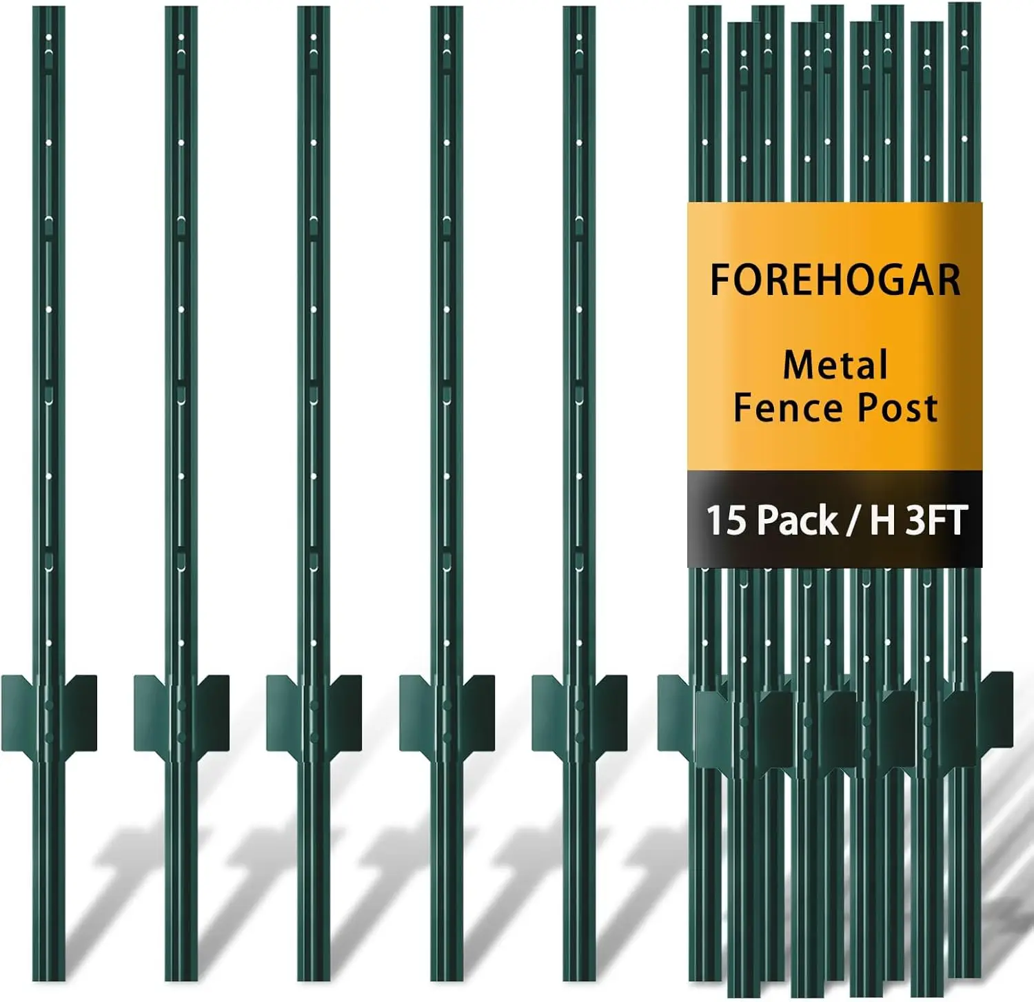 

3ft Green Metal Fence Posts, Pack of 15, No-Dig U-Shaped T-Posts for Wire Mesh Garden Fencing