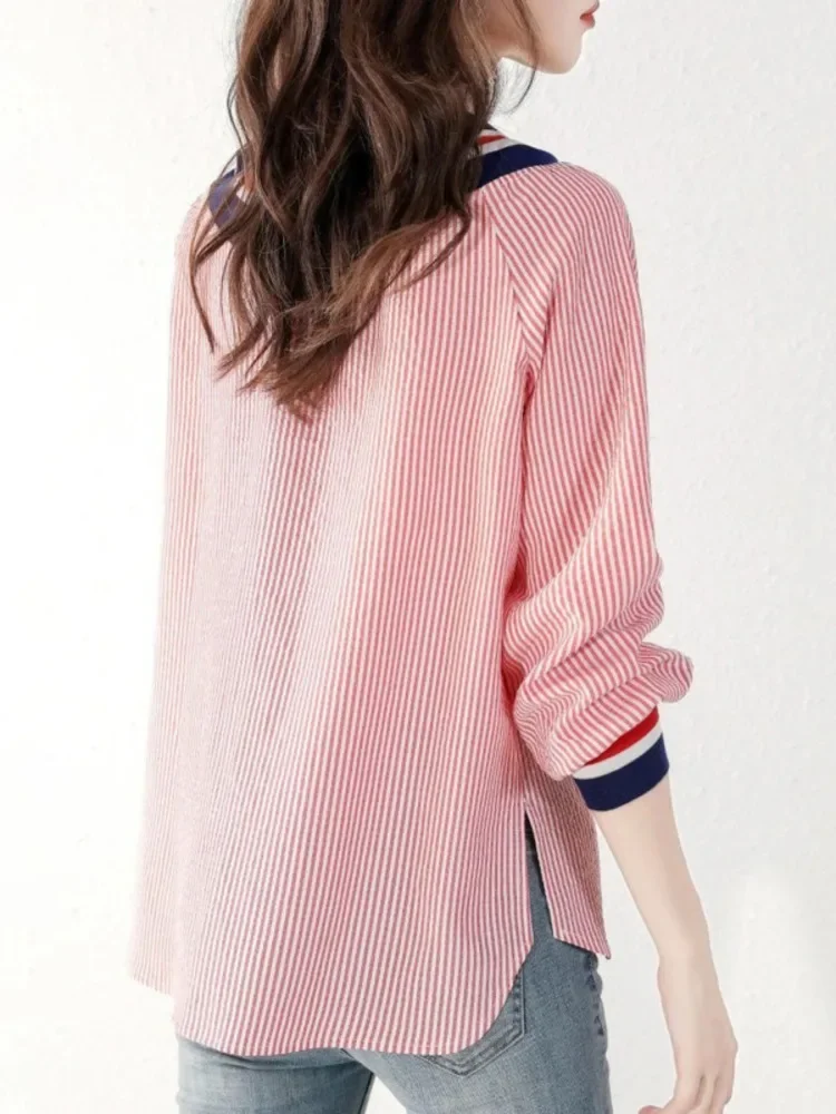 Temperament Stripe Korea Fashion College Loose Thin V-neck Shirt Women's Long Sleeve Cardigan Casual Coat Ladies Office