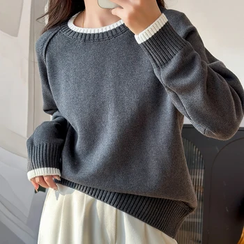 Autumn and Winter New 100% Cotton Women's Sweater Casual Color blocked Knitted Round Neck Pullover Loose Fashion Women's Top 6 Autumn and Winter New 100% Cotton Women's Sweater Casual Color blocked Knitted Round Neck Pullover Loose Fashion Women's Top 6