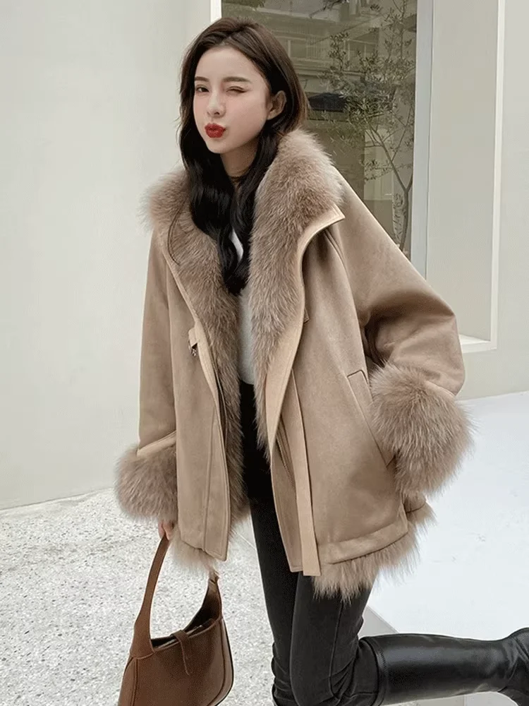 MiiiiX Suede Splicing Imitation Fox Fur Jacket Women's Winter Coat Casual Mid-length Plush Thicken Parkas Loose Warm Outerwear