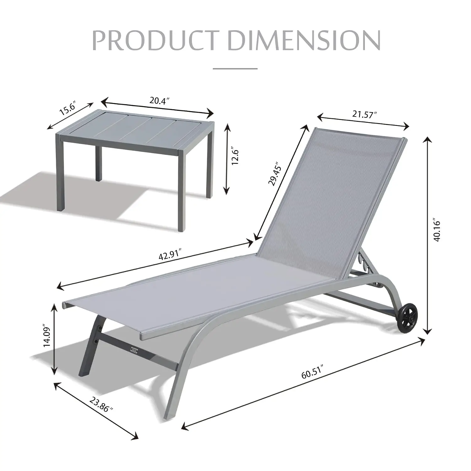 Aluminum Outdoor Chaise Lounge Set with Wheels & Side Table, All Weather Textilene for Pool Patio Deck, Customized