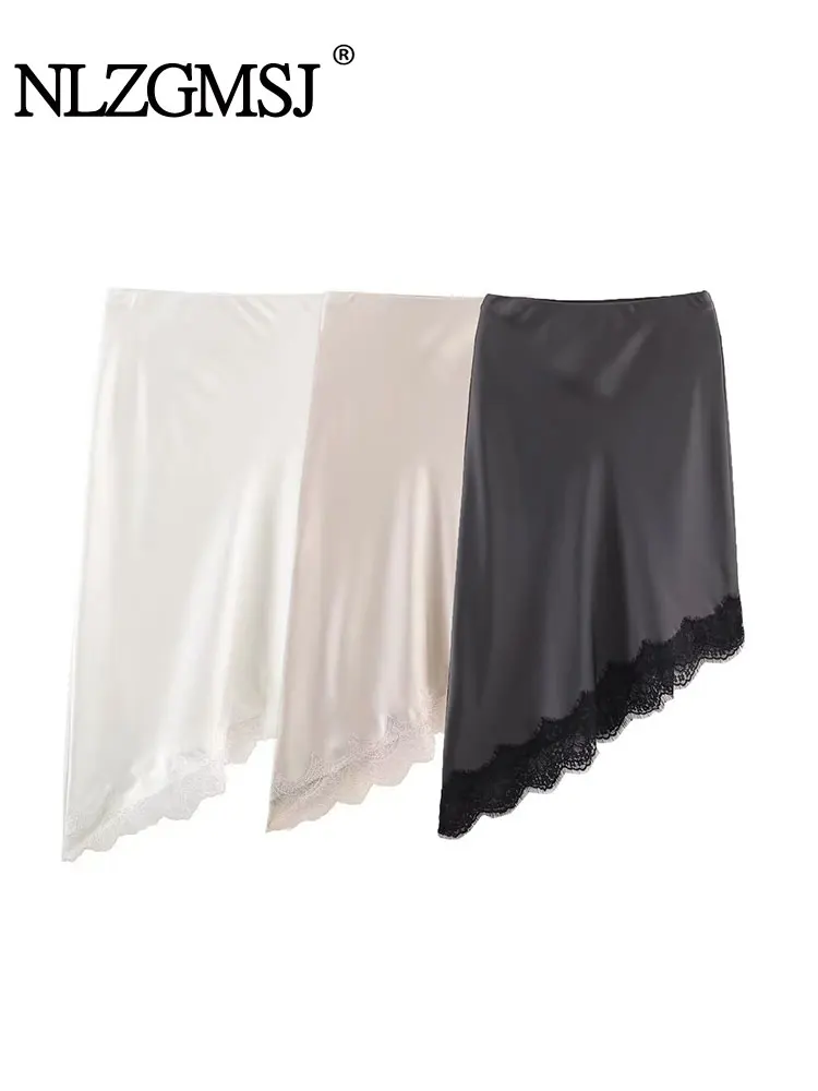 NLZGMSJ المرأة مثير الساتان الدانتيل لصق التنانير جديد أزياء من الدانتل غير المتماثلة هيم التنانير النساء أنيقة عالية الخصر التنانير