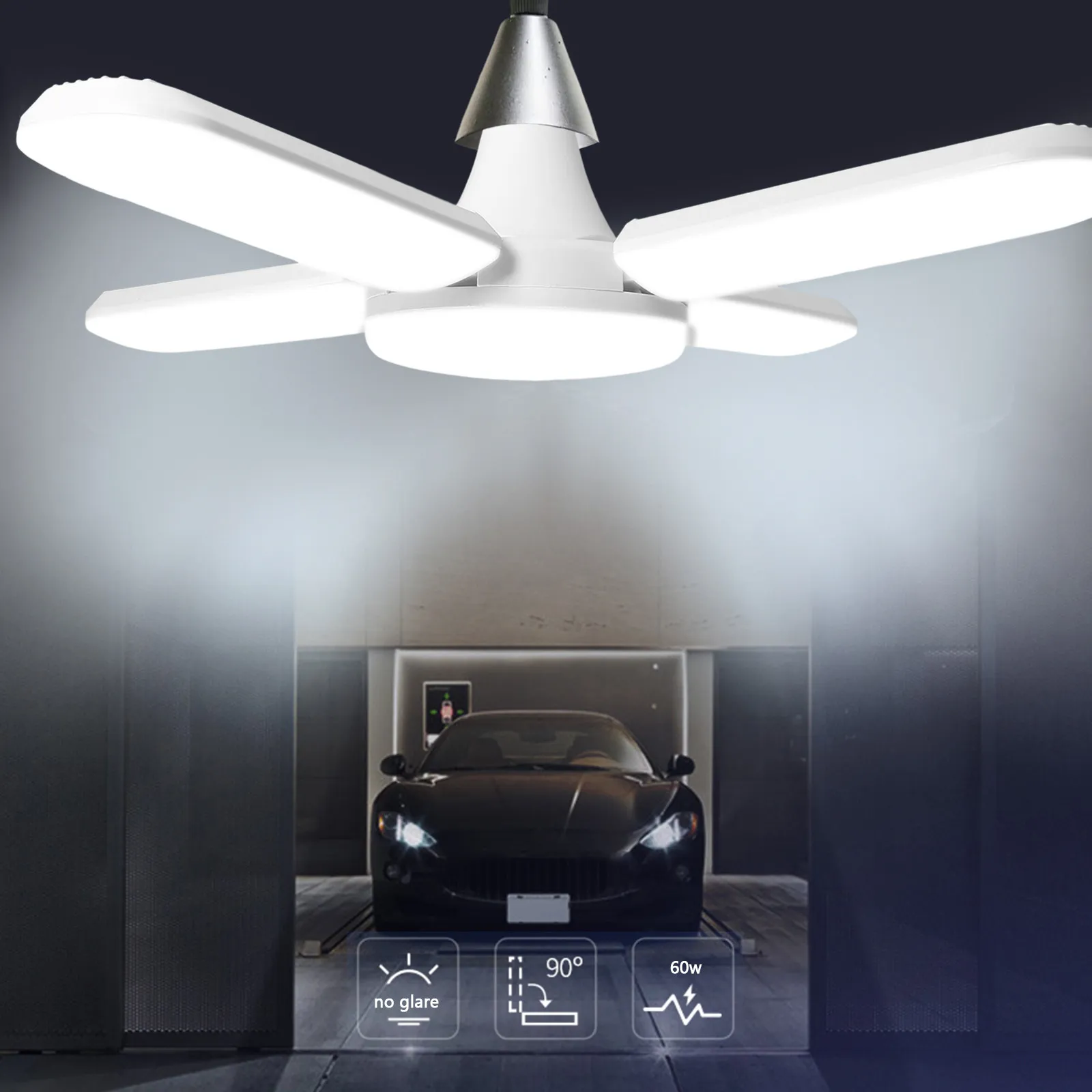 60W 4-Blade Foldable LED Light Bulb E27 Base 6500K Cold White Adjustable 90 Degree Angle for Garage Bedroom Living Room Bar