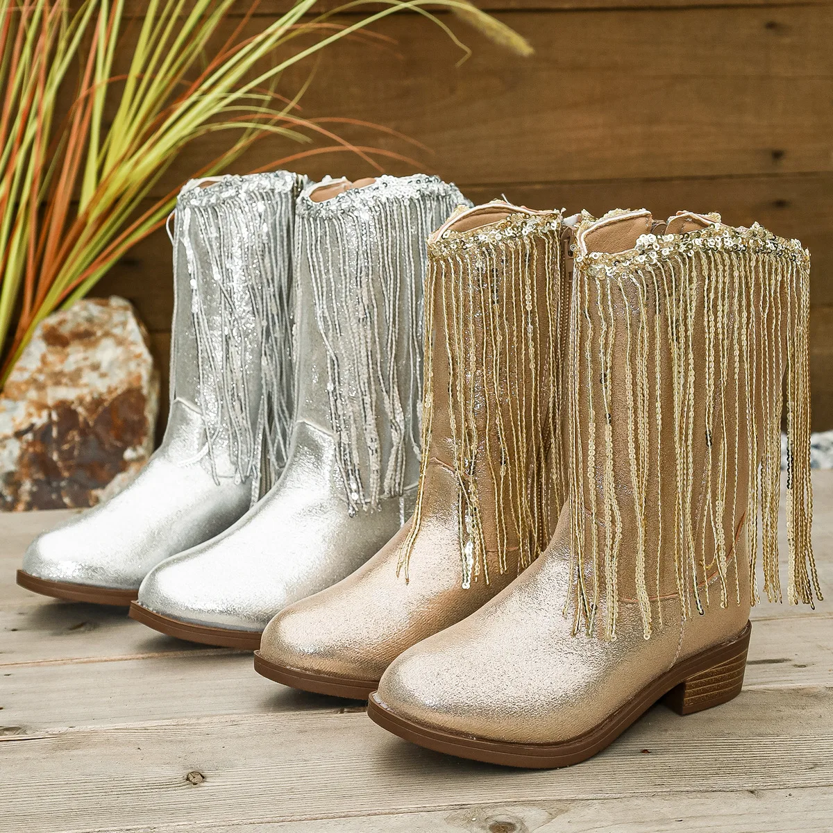 Kids'Snow Boots PU Leather Tassel Winter Fashion Outdoor Thick Bottom Shoes For Children Warm Anti-slip Gold Silver Size 27-37