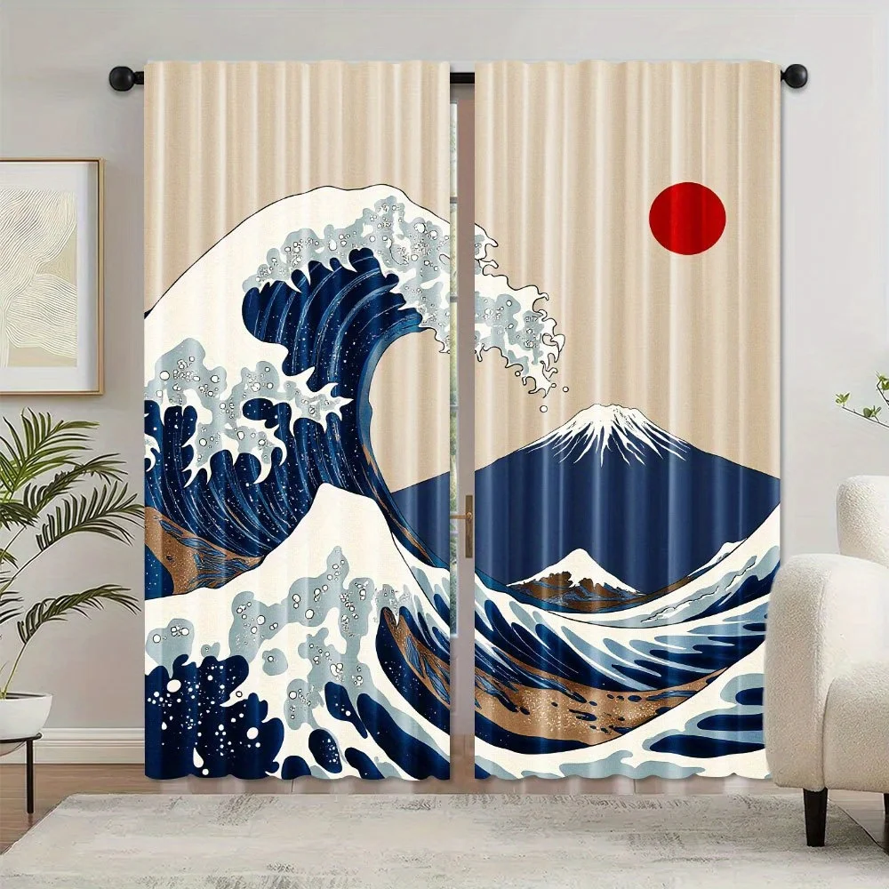 Ukiyo-e Big Wave Window Curtain 2 Panels, Hokusai Wave Mount Fuji Red Sun Print Beige Background Elegant Home Decor Curtain