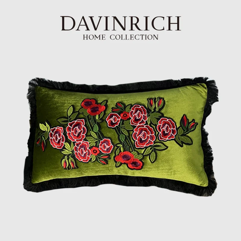 DAVINRICH Olive Green Retro Velvet Lumbar Pillowcase Shell Flower Leaves Magnificent Embroidery Decorative Cushion Cover 30x50cm