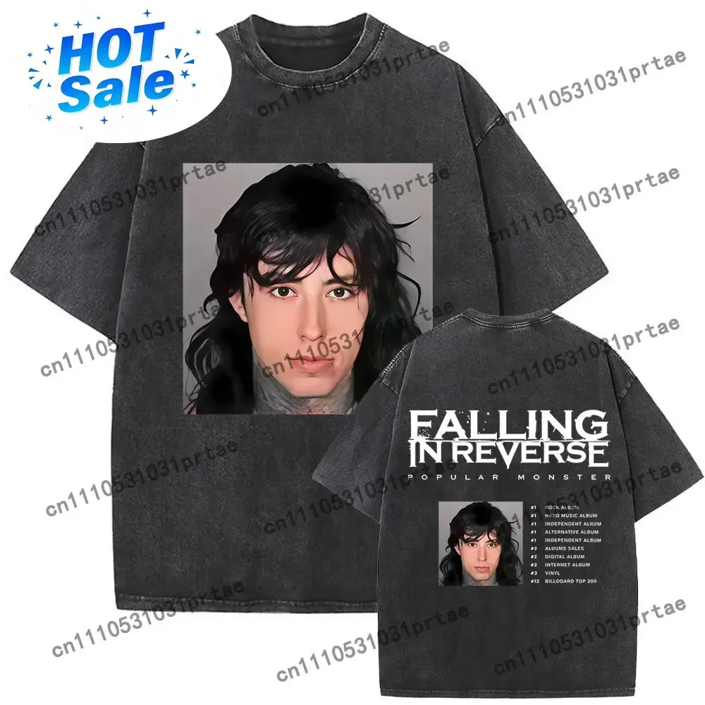 Washed Vintage Falling in Reverse Popular Monster T Shirt Ronnie Radke Mugshot T-shirts Men Women Rock Metal Oversized T-shirt