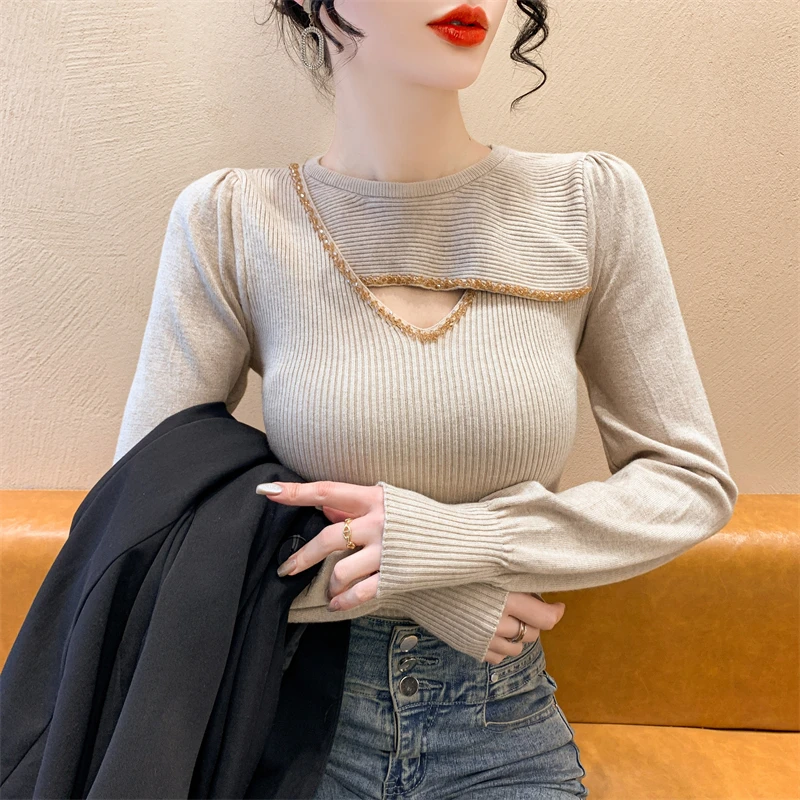 2024 New Fall Winter European Clothes Knitted Sweater Chic Sexy O-Neck Hollow Out Beading Women Long Sleeve Elastic Tops 41050