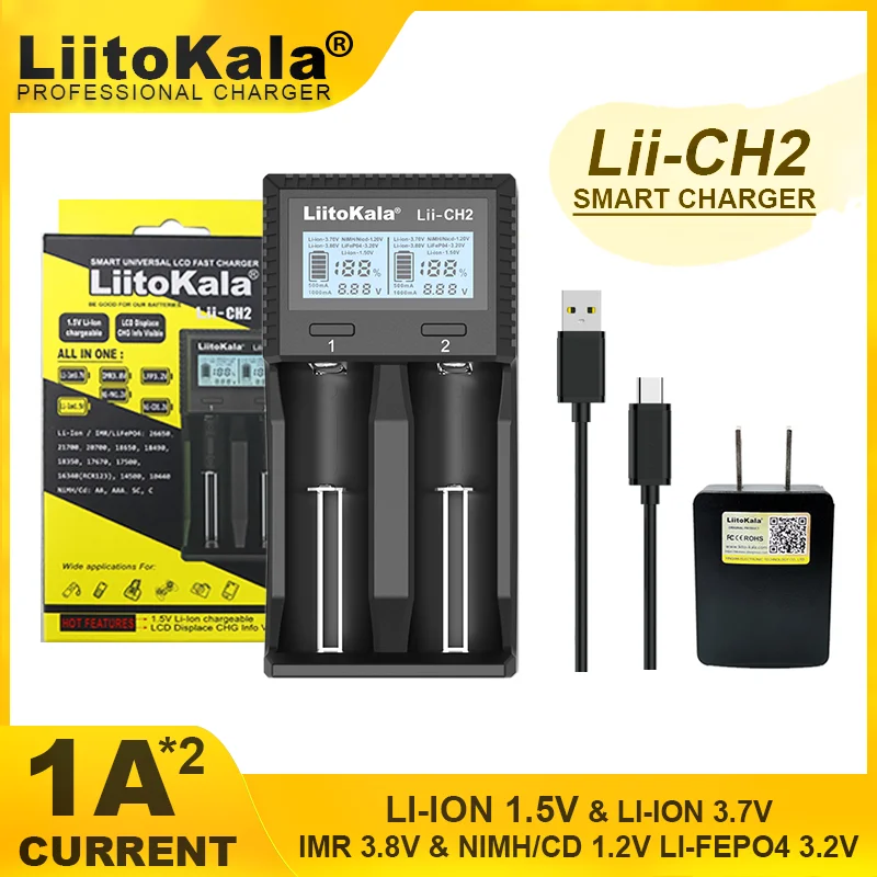 Liitokala Lii-CH2 Lii-402 Lii-202  Rechargeable Battery Smart Charger For 3.2V 3.7V 18650 26650 21700 18350 Battery