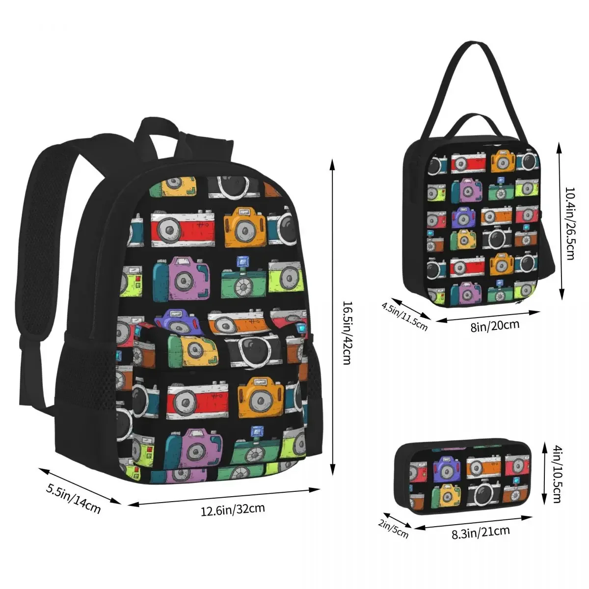 Retro Camera Sketches Backpacks Boys Girls Bookbag Children School Bags Cartoon Kids Rucksack Lunch Bag Pen Bag Three-Piece Set