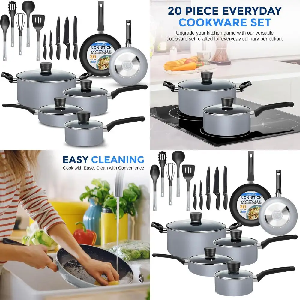 

20-предметный набор посуды с антипригарным покрытием, термостойким внешним слоем, черной внутренней поверхностью, серый цвет