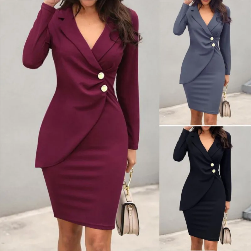 Autumn Attendance Pass Women\'s Long Sleeved Short Skirt Temperament Slimming Professional Dress Simple Solid Color Set