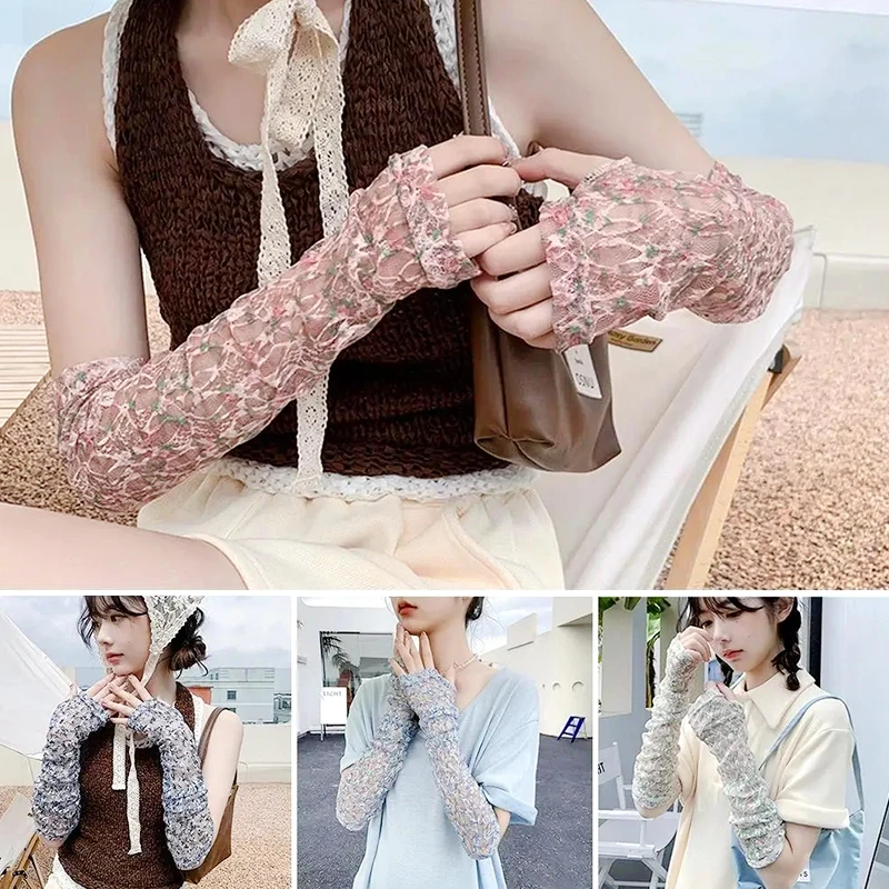 1 Pair Fashion Floral Print Sunscreen Sleeves Summer UV Protection Decorative Sleeves Lace Sweet Elegant Breathable