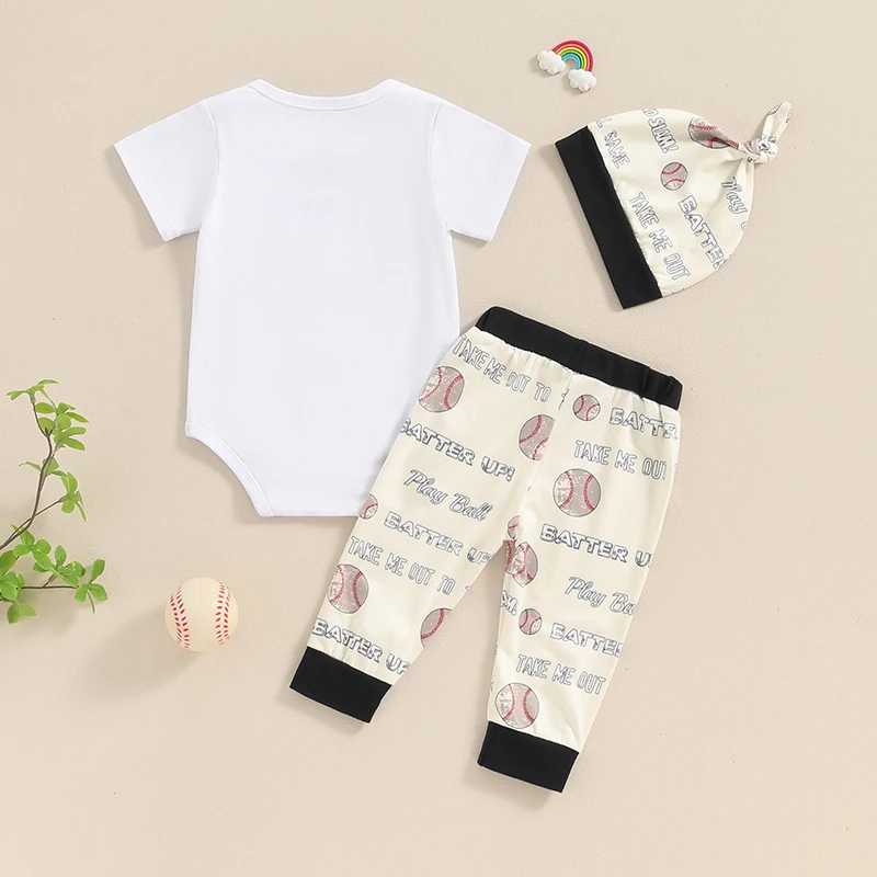 Baby Boy Summer Outfit Letter Print Short Sleeves Romper and Baseball Print Pants Beanies Hat Set 3 Piece Clothes