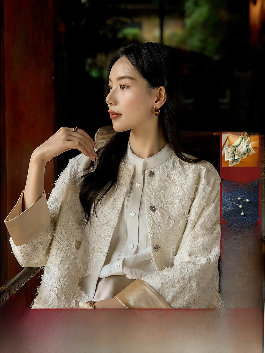 

XiaoHanGe Moon adow Gauze ort Outerwear New Chinese Sle Design Burned Flower Crt Ladies Faion Autumn 2025