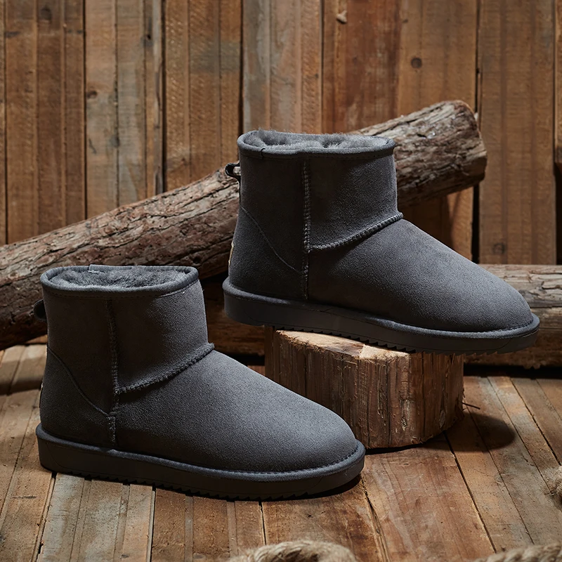 KZZO Size 37-48 Australia Classic Real Sheepskin Suede Leather Men Sheep Wool Fur Lined Winter Short Ankle Snow Boots Grey Shoes